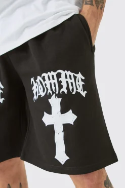 Oversized Homme Gothic Cross Print Short | BoohooMAN UK