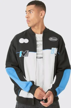 Oversized Homme Moto Applique Jersey Bomber Jacket | BoohooMAN UK