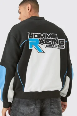 Oversized Homme Moto Applique Jersey Bomber Jacket | BoohooMAN UK
