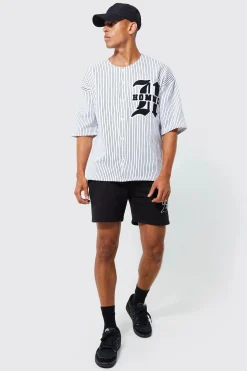 Oversized Homme Pinstripe Baseball Polo And Short Set | BoohooMAN UK
