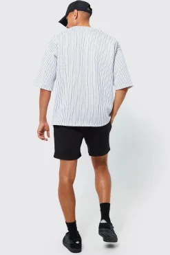 Oversized Homme Pinstripe Baseball Polo And Short Set | BoohooMAN UK