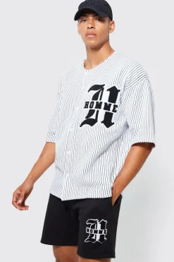 Oversized Homme Pinstripe Baseball Polo And Short Set | BoohooMAN UK