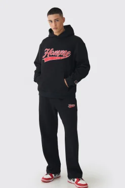 Oversized Homme Printed Varsity Hooded Tracksuit | BoohooMAN UK