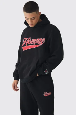 Oversized Homme Printed Varsity Hooded Tracksuit | BoohooMAN UK