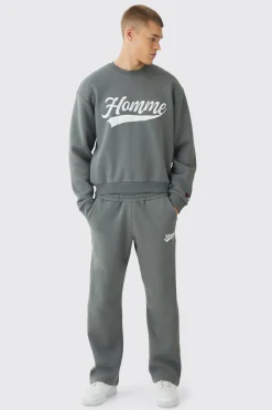 Oversized Homme Printed Varsity Sweatshirt Tracksuit | BoohooMAN UK