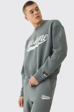 Oversized Homme Printed Varsity Sweatshirt Tracksuit | BoohooMAN UK