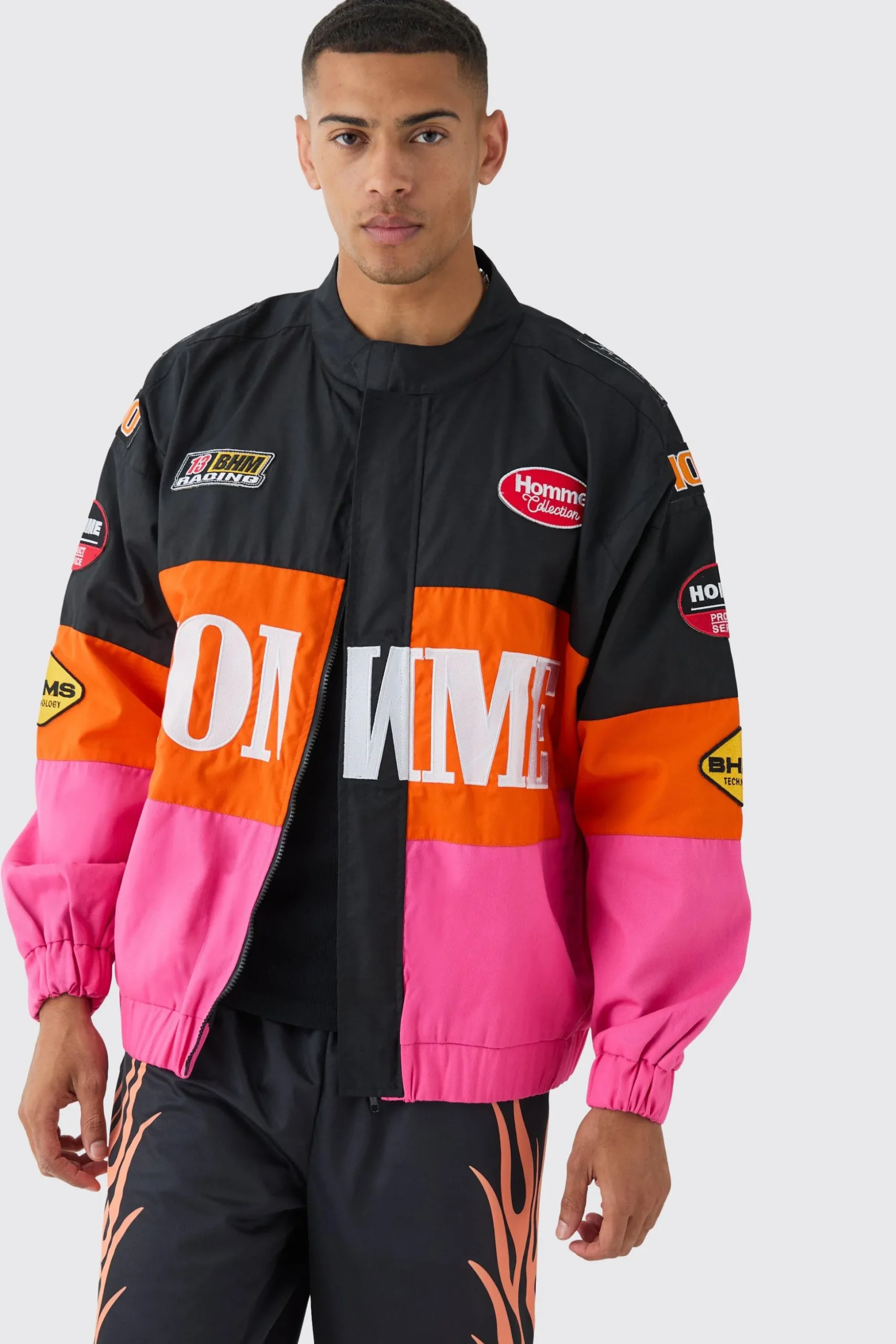 Oversized Homme Twill Moto Jacket In Pink | BoohooMAN UK