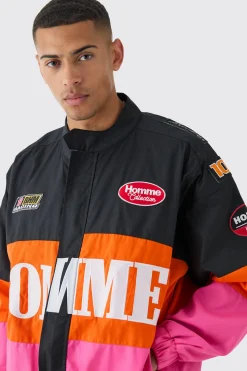 Oversized Homme Twill Moto Jacket In Pink | BoohooMAN UK