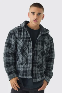 Oversized Hooded Check Patchwork Padded Shirt | BoohooMAN UK