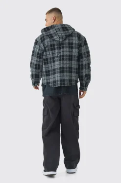 Oversized Hooded Check Patchwork Padded Shirt | BoohooMAN UK