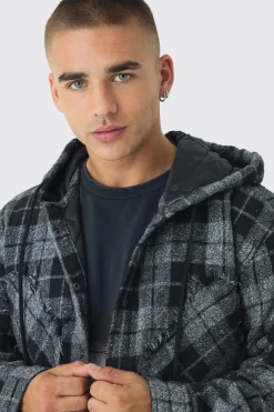 Oversized Hooded Check Patchwork Padded Shirt | BoohooMAN UK