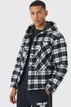 Oversized Hooded Check Patchwork Padded Shirt | BoohooMAN UK