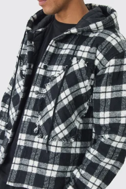 Oversized Hooded Check Patchwork Padded Shirt | BoohooMAN UK