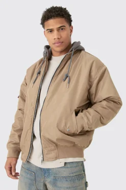 Oversized Hooded Ma1 Bomber Jacket In Stone | BoohooMAN UK