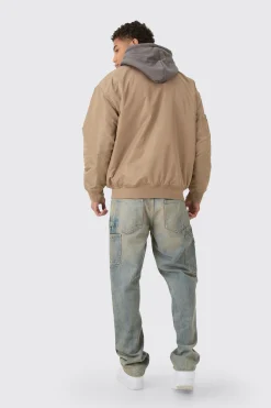 Oversized Hooded Ma1 Bomber Jacket In Stone | BoohooMAN UK