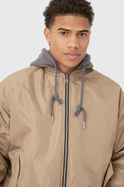 Oversized Hooded Ma1 Bomber Jacket In Stone | BoohooMAN UK