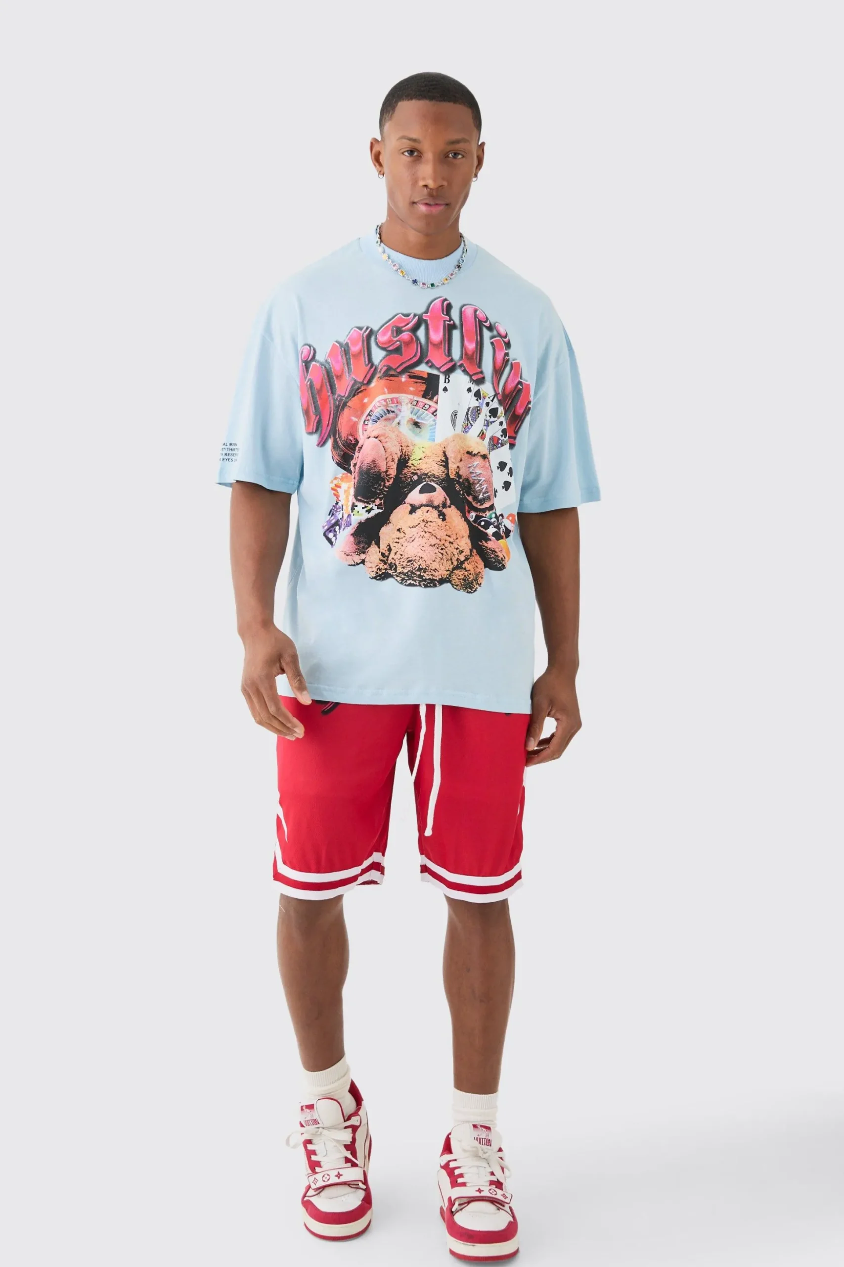 Oversized Hustlin Teddy T-shirt Basketball Set | BoohooMAN UK