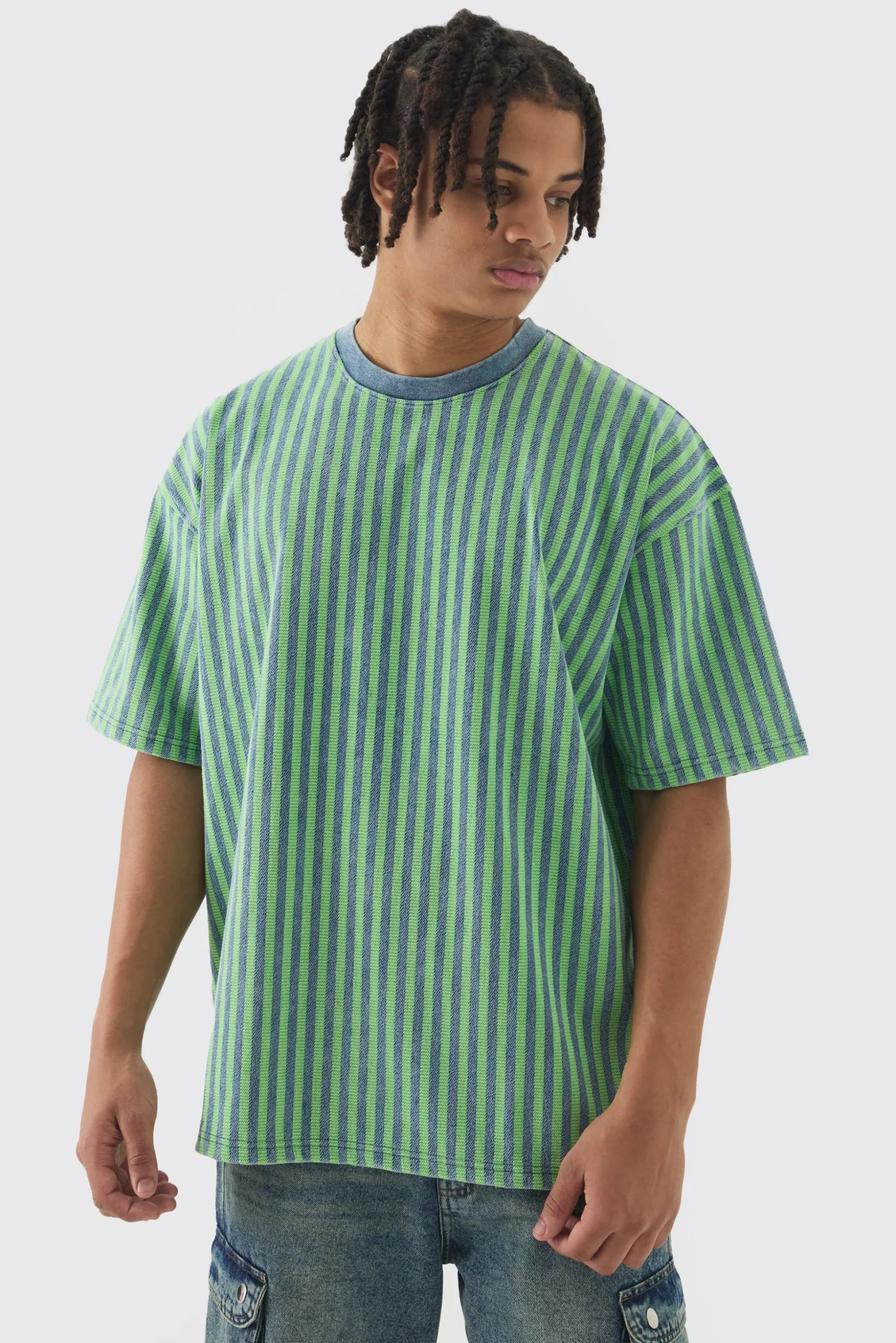 Oversized Indigo Dyed Striped Jacquard Sweatshirt | BoohooMAN UK