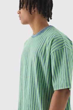 Oversized Indigo Dyed Striped Jacquard Sweatshirt | BoohooMAN UK