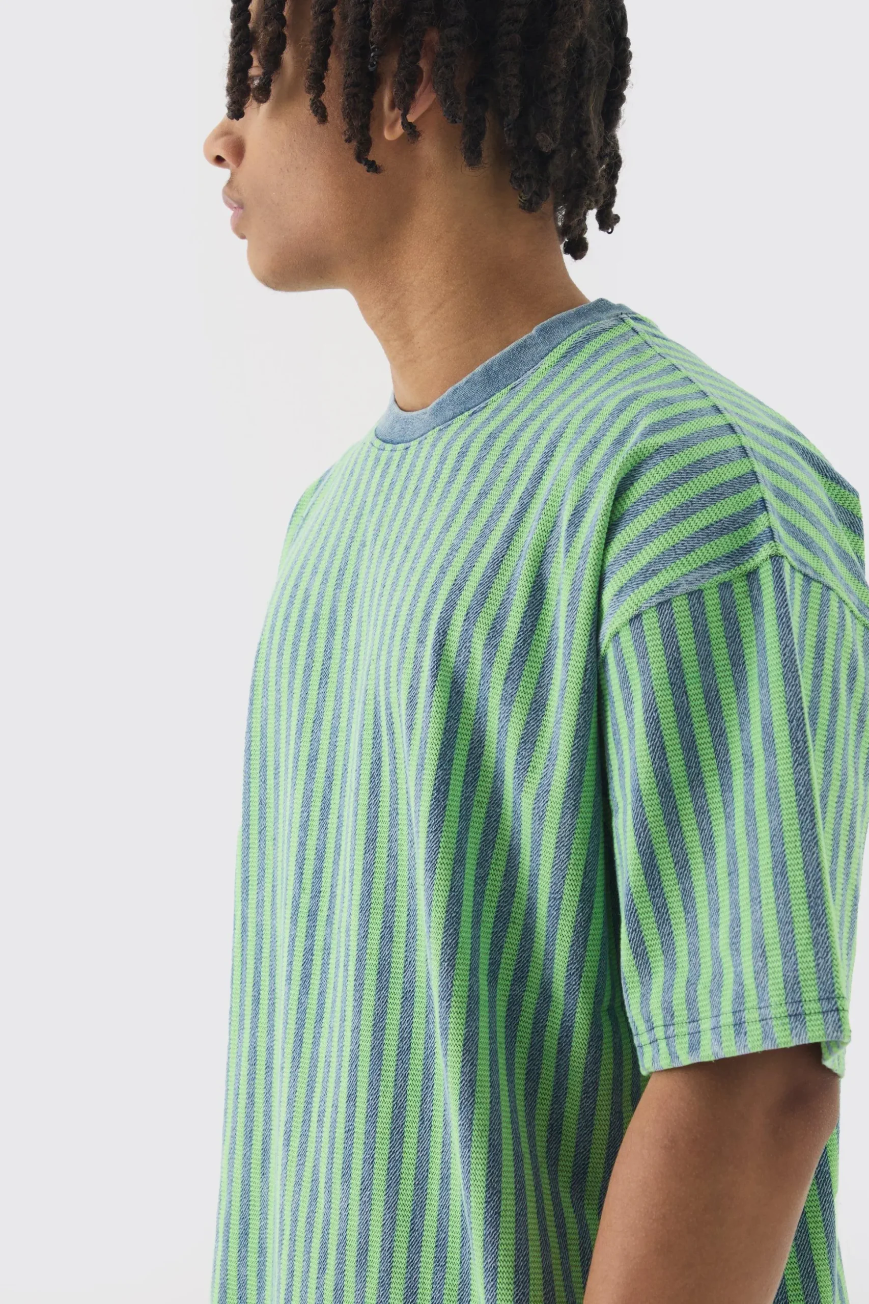 Oversized Indigo Dyed Striped Jacquard Sweatshirt | BoohooMAN UK