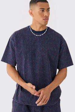 Oversized Indigo Dyed Striped Jacquard Sweatshirt | BoohooMAN UK