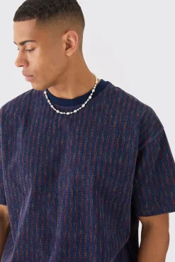 Oversized Indigo Dyed Striped Jacquard Sweatshirt | BoohooMAN UK