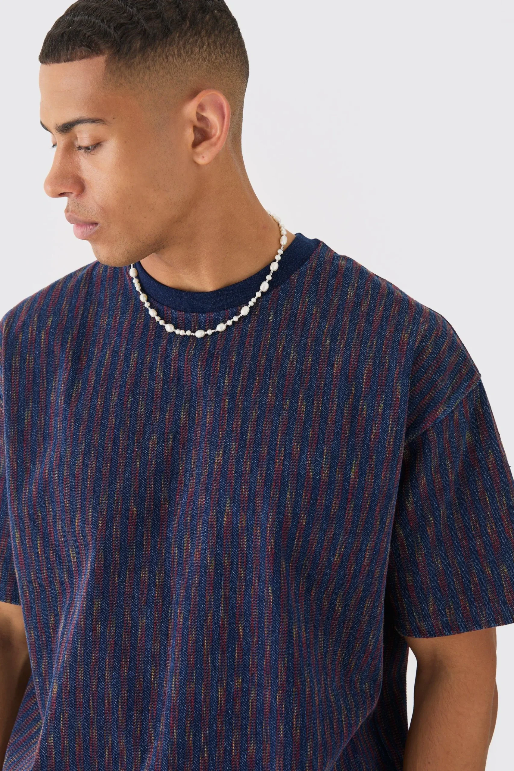 Oversized Indigo Dyed Striped Jacquard Sweatshirt | BoohooMAN UK