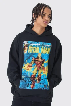 Oversized Iron Man Marvel License Print Hoodie | BoohooMAN UK