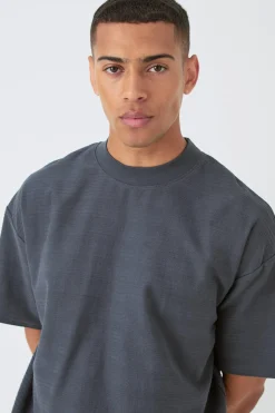 Oversized Jacquard Raised Striped Extended Neck T-shirt | BoohooMAN UK