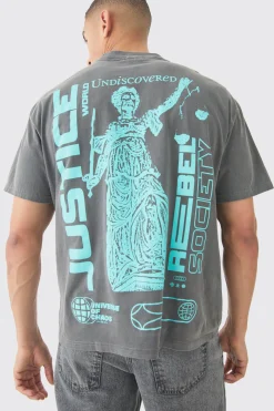 Oversized Justice Print Washed T-shirt | BoohooMAN UK