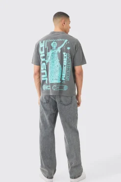 Oversized Justice Print Washed T-shirt | BoohooMAN UK