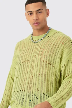 Oversized Ladder Detail Open Knit Jumper In Sage | BoohooMAN UK