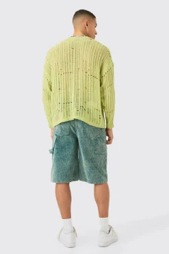Oversized Ladder Detail Open Knit Jumper In Sage | BoohooMAN UK