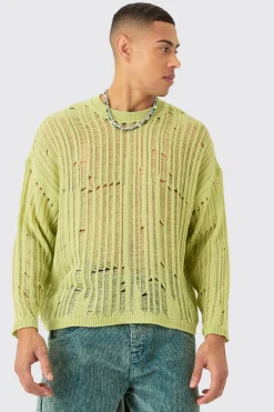 Oversized Ladder Detail Open Knit Jumper In Sage | BoohooMAN UK