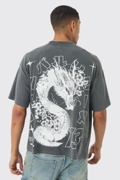 Oversized Large Scale Extended Neck Dragon Wash Print T-Shirt | BoohooMAN UK