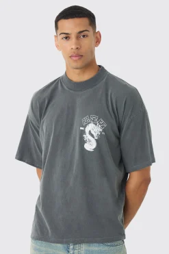 Oversized Large Scale Extended Neck Dragon Wash Print T-Shirt | BoohooMAN UK