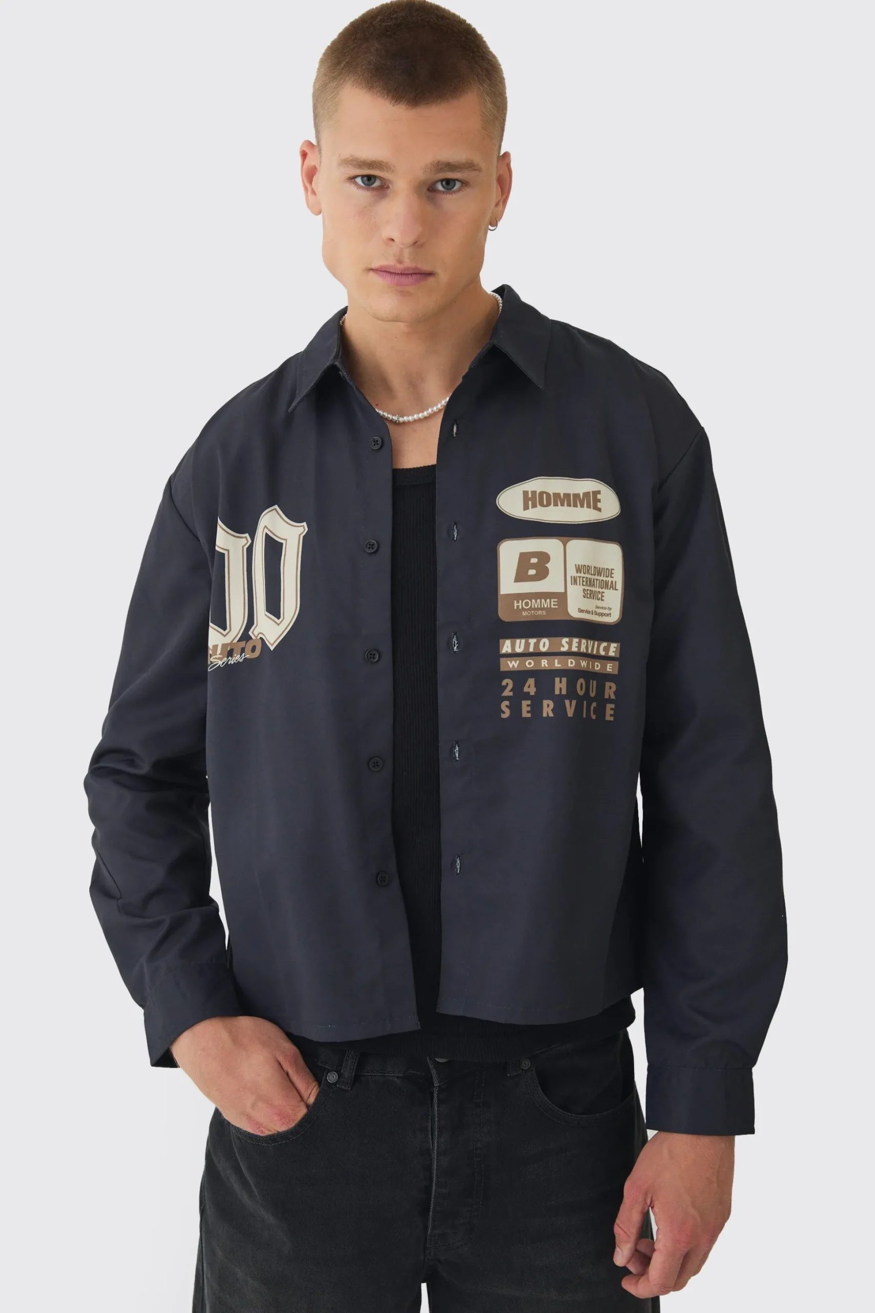 Oversized Lightweight Twill Moto Long Sleeve Revere Shirt | BoohooMAN UK