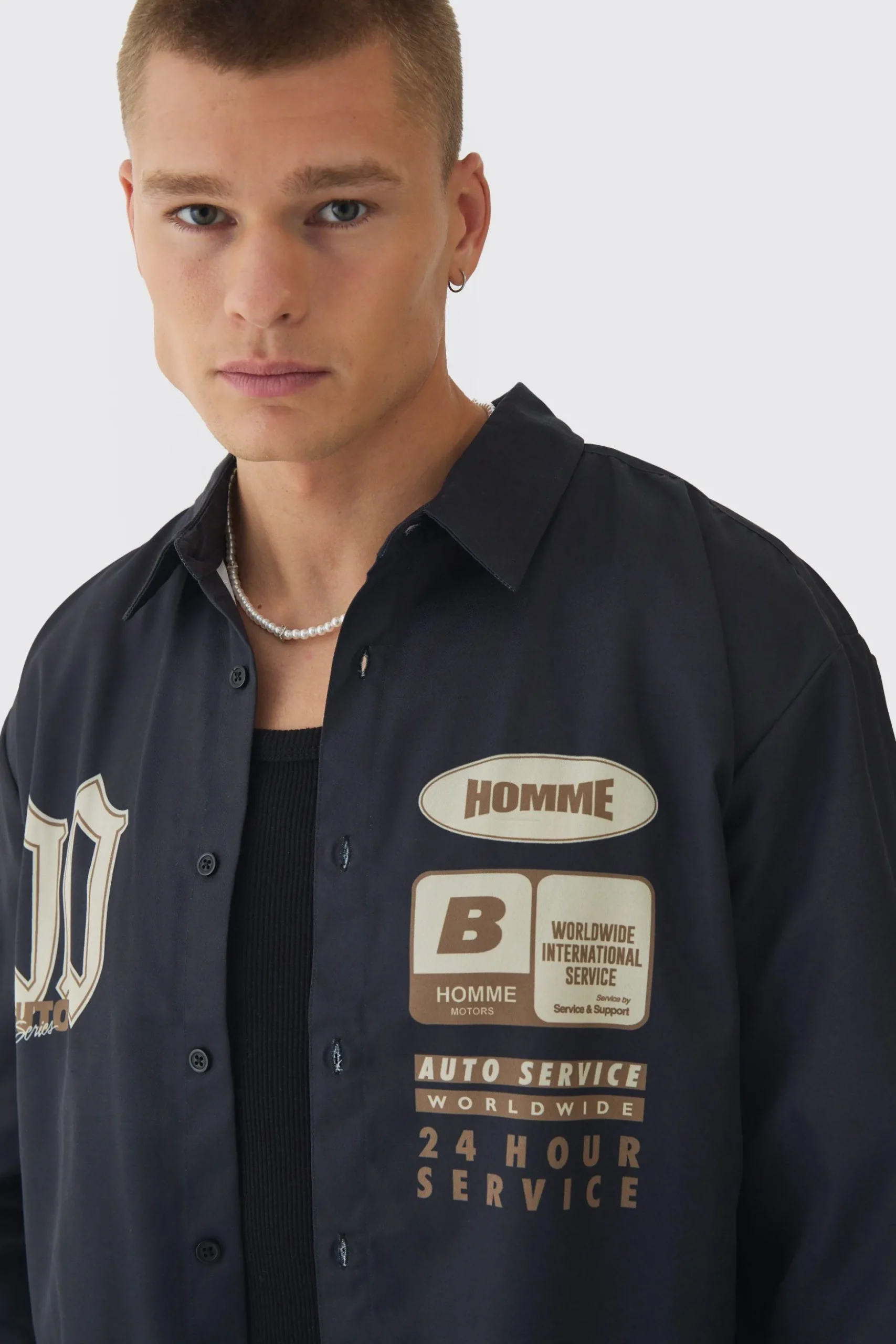 Oversized Lightweight Twill Moto Long Sleeve Revere Shirt | BoohooMAN UK