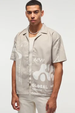 Oversized Lightweight Twill Abstract Print Revere Shirt | BoohooMAN UK