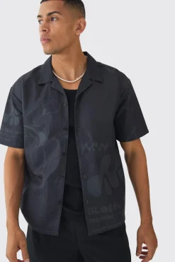 Oversized Lightweight Twill Abstract Print Revere Shirt | BoohooMAN UK