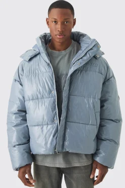 Oversized Limited Embroidered Hooded Puffer In Grey | BoohooMAN UK