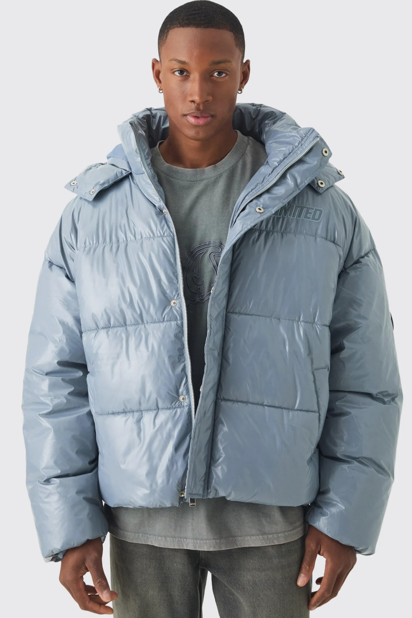 Oversized Limited Embroidered Hooded Puffer In Grey | BoohooMAN UK
