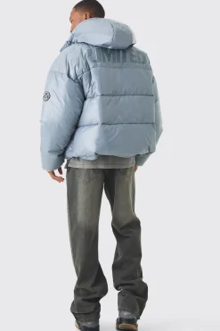 Oversized Limited Embroidered Hooded Puffer In Grey | BoohooMAN UK