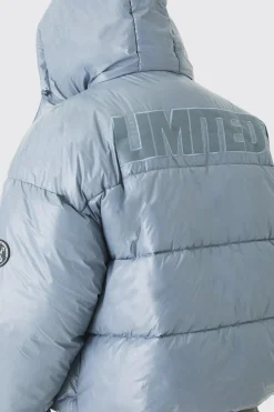 Oversized Limited Embroidered Hooded Puffer In Grey | BoohooMAN UK
