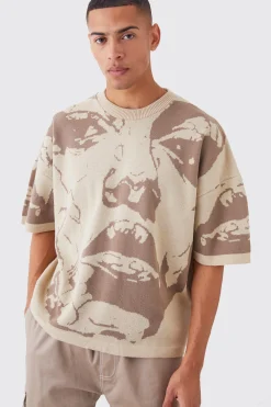 Oversized Line Drawing Knitted T-shirt | BoohooMAN UK