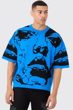 Oversized Line Drawing Knitted T-shirt | BoohooMAN UK