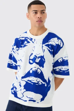 Oversized Line Drawing Knitted T-shirt | BoohooMAN UK