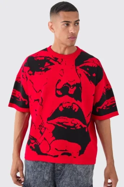 Oversized Line Drawing Knitted T-shirt | BoohooMAN UK