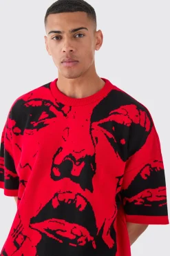 Oversized Line Drawing Knitted T-shirt | BoohooMAN UK