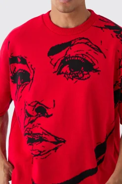 Oversized Line Drawing Knitted T-shirt | BoohooMAN UK
